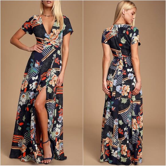 Lulus Aleta Navy Blue Print Short Sleeve Surplice Maxi Dress - Picture 1 of 10